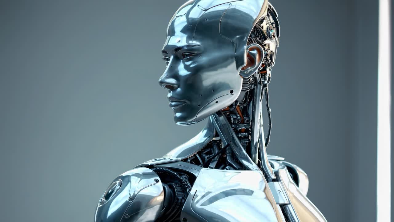 Robot umanoide futuristico con caratteristiche metalliche, ripreso in primo piano