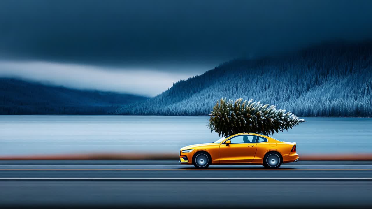 A Vibrant Yellow Car Driving Along a Scenic Route with a Snow-Covered Christmas Tree on Its Rooftop, Surrounded by Majestic Mountains and a Calm Lake Landscape Under a Dramatic Sky