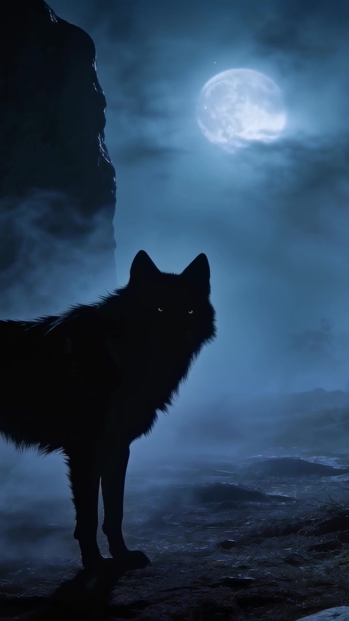 Video vertical: Lobo girando y levantando la cabeza mientras la niebla flota en el cañón bajo la luna llena, con los ojos brillando.