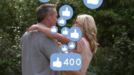 hugging couple sharing marketing in garden, showing floating thumbs-up icons and 408 like counter