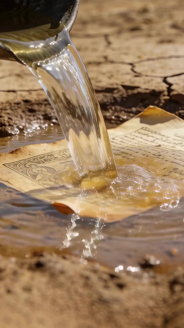 Video verticale: Un beccuccio metallico che versa acqua su un foglio stampato invecchiato su terreno asciutto, sfocando l'inchiostro.