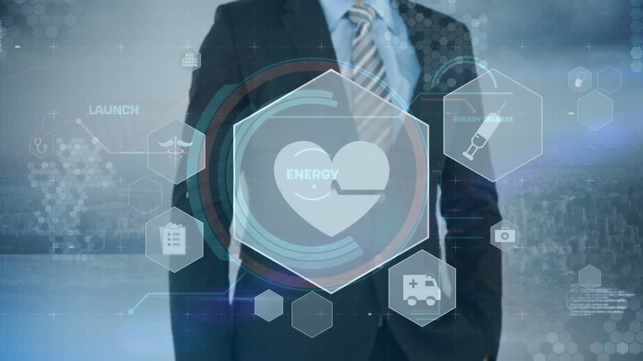 로딩 서클, 단어, 비즈니스맨의 중간 섹션, 도시 풍경 위의 아이콘을 만지는 애니메이션