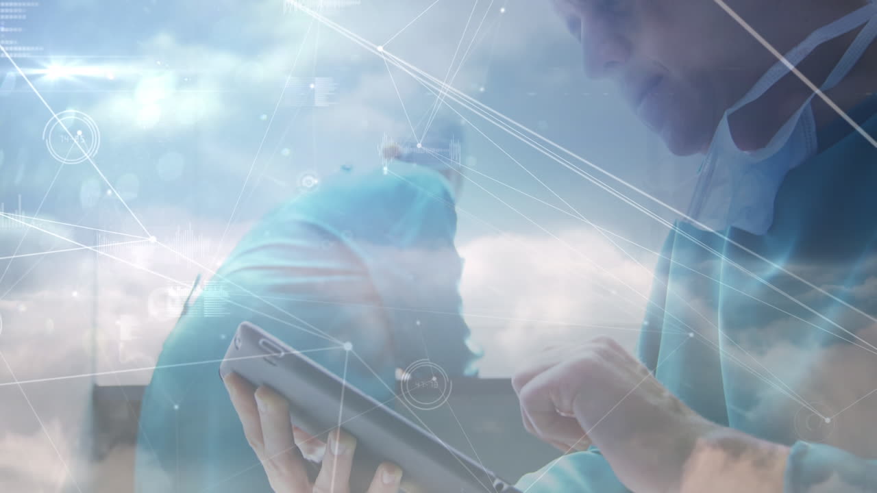 태블릿을 사용하는 백인 남성 의사에 대한 연결 네트워크의 애니메이션