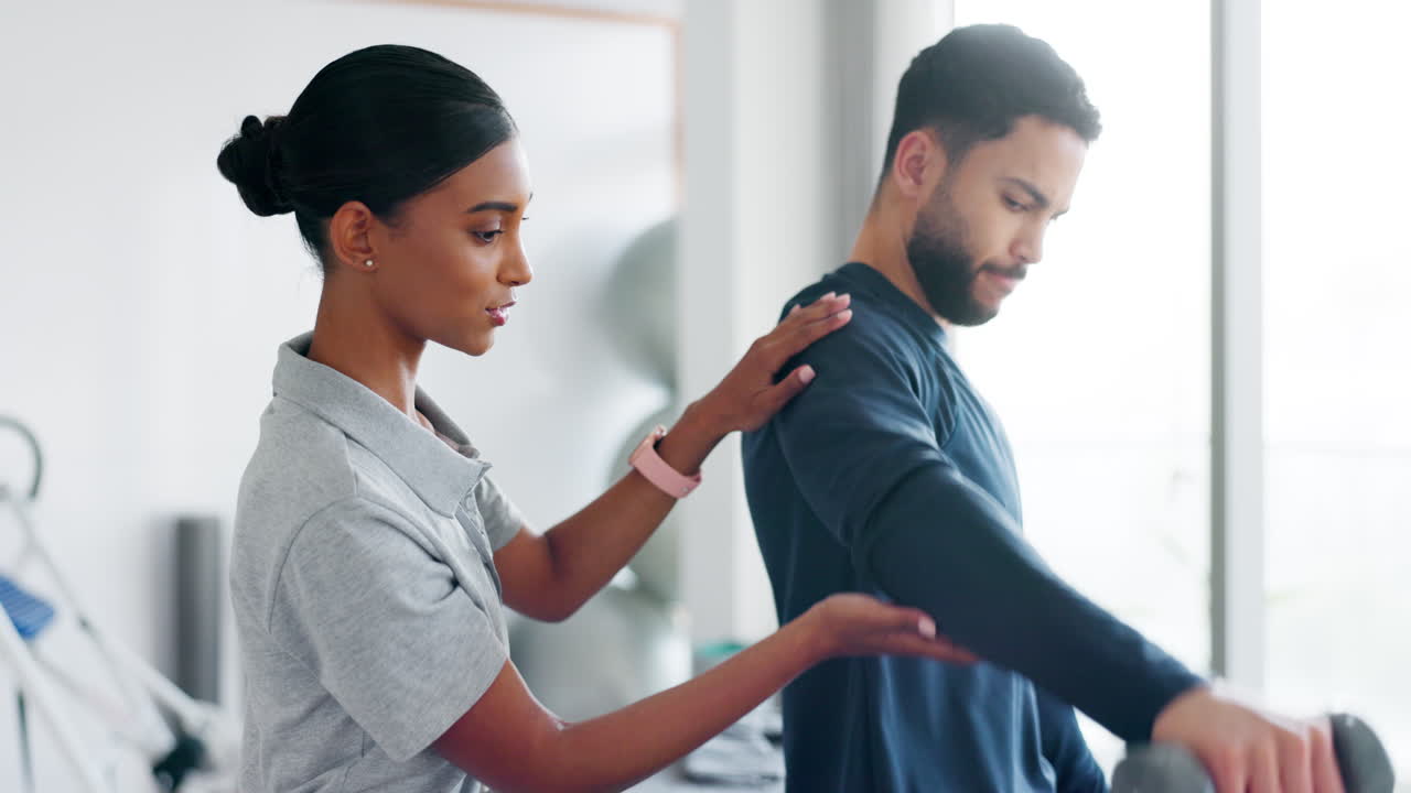 Woman, support and dumbbells for patient