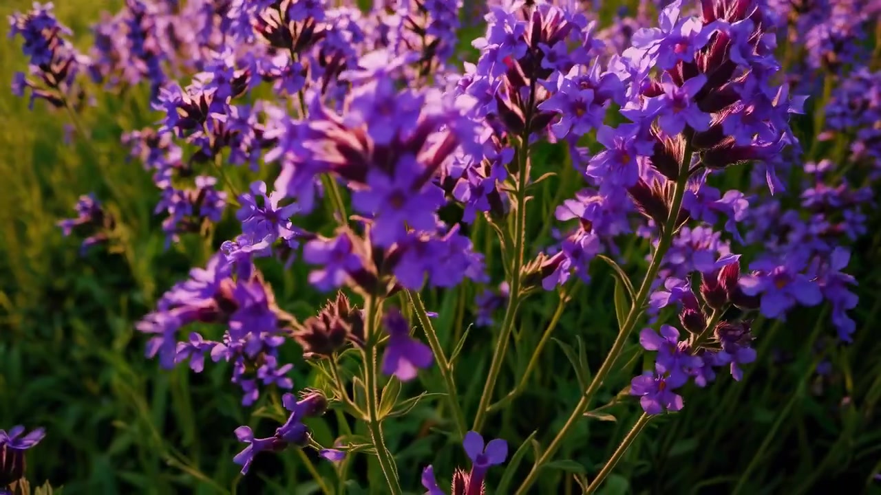 Nærbillede af lilla blomster i blomst på en mark ved solnedgang