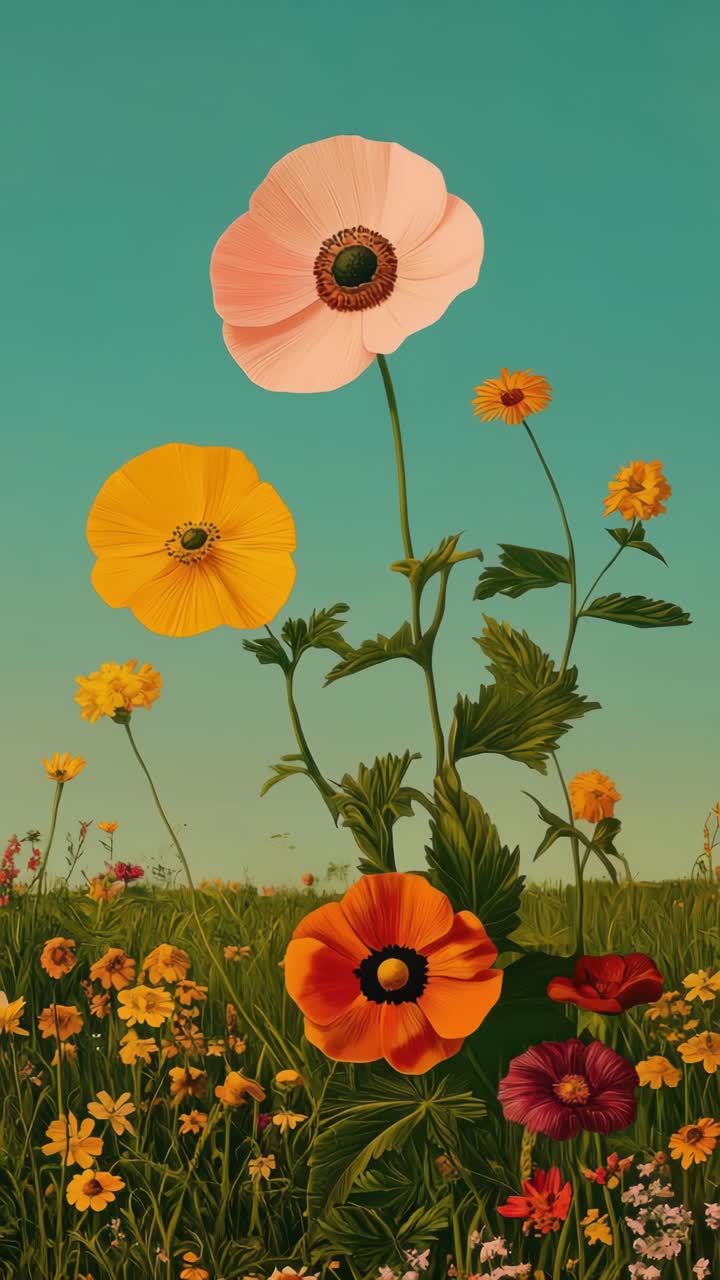 Vibrant wildflowers in a meadow against a clear sky, captured from a low-angle, resembling a nature