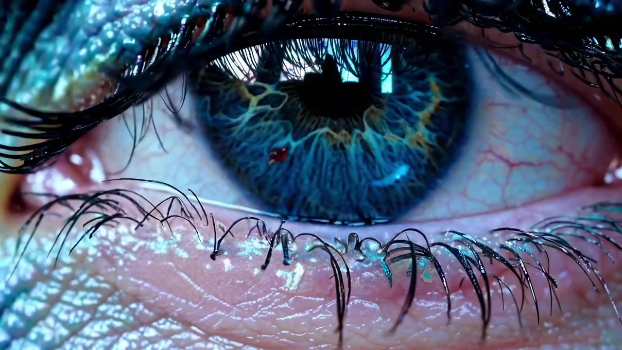 Extreme Close-up of Human Eye Blinking with Blue Makeup