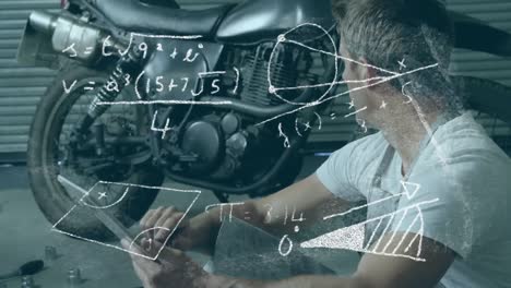 Mathematical-equations-with-man-on-tablet-over-motorbike.