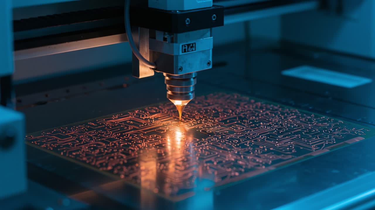 Precision Laser Manufacturing Process Showcasing a Laser Engraving Machine Creating Intricate Circuit Patterns on a PCB in a Dimly Lit Environment