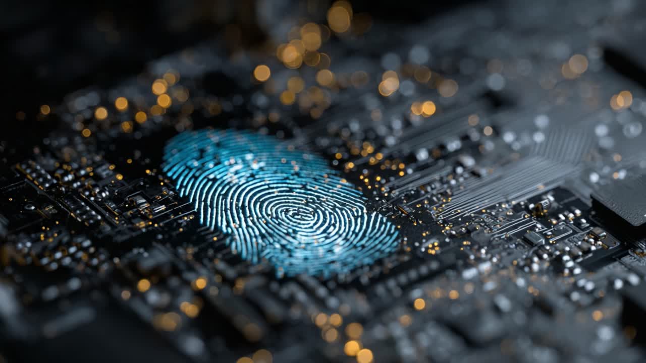 Exploring the Intersection of Technology and Identity Through Digital Fingerprints on a Circuit Board, Showcasing the Fusion of Modern Security and Data Processing