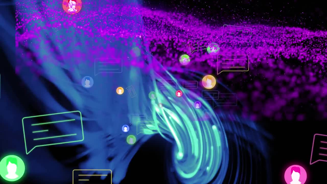 검은색 배경에 기술 아이콘과 메시지의 애니메이션