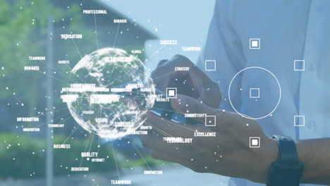 animation of globe and circles over caucasian man using smartphone
