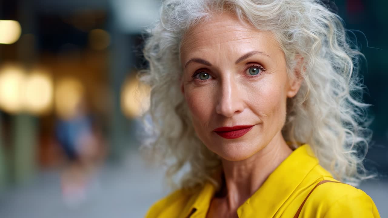 Una donna sicura di sé con capelli ricci e labbra rosso acceso sorride radiosa, indossando un vivace abito giallo, emanando fascino e positività in un contesto urbano