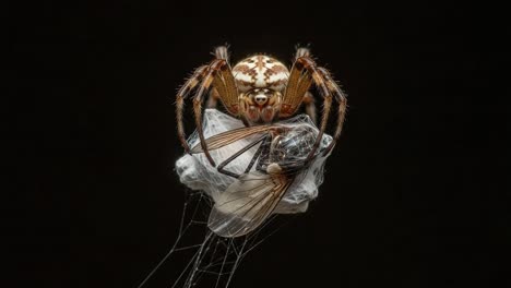 a close-up view of a spider engaged in the art of web weaving and preying on insects, showcasing nature's intricate predator-prey relationship