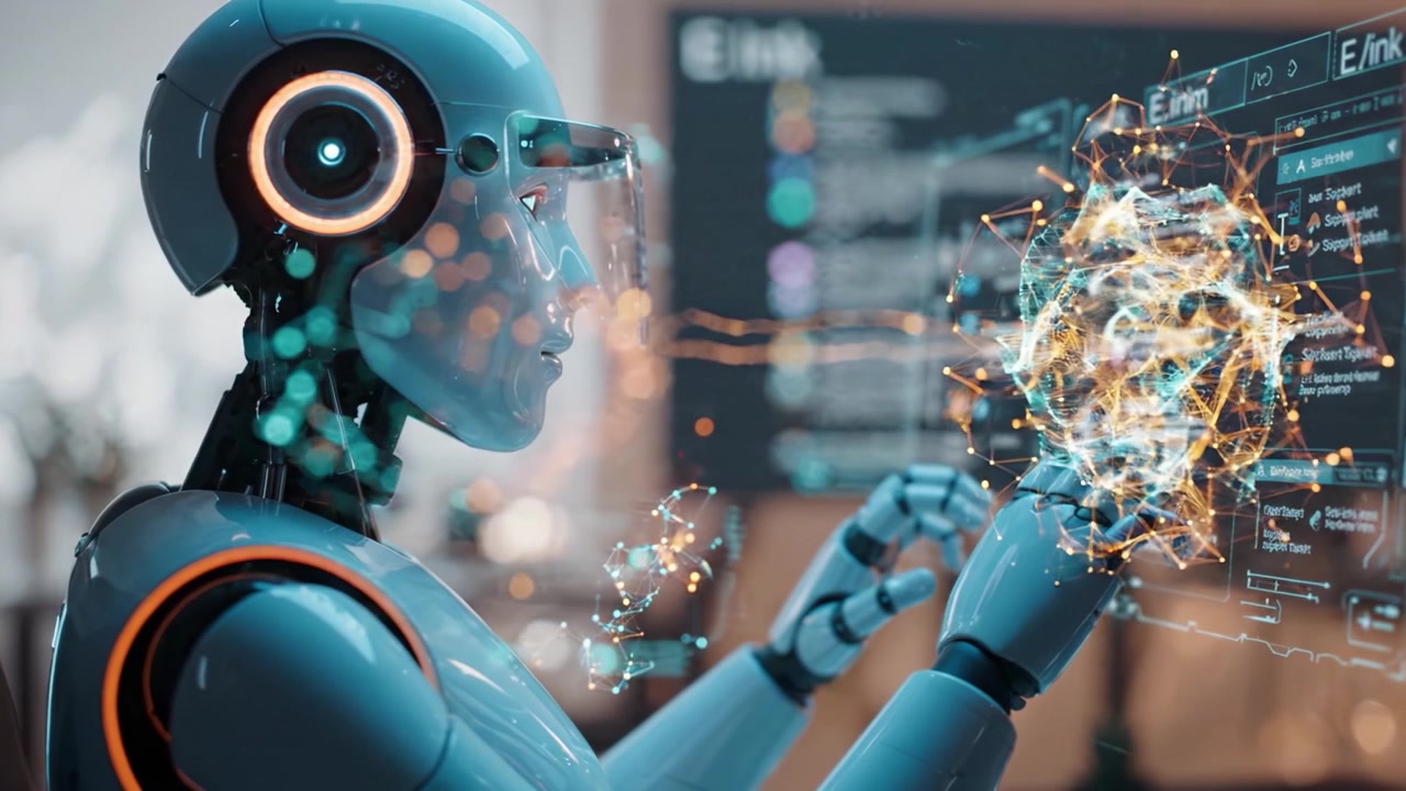 A futuristic blue robot interacts with a holographic interface, showcasing advanced technology and artificial intelligence in a modern workspace environment.