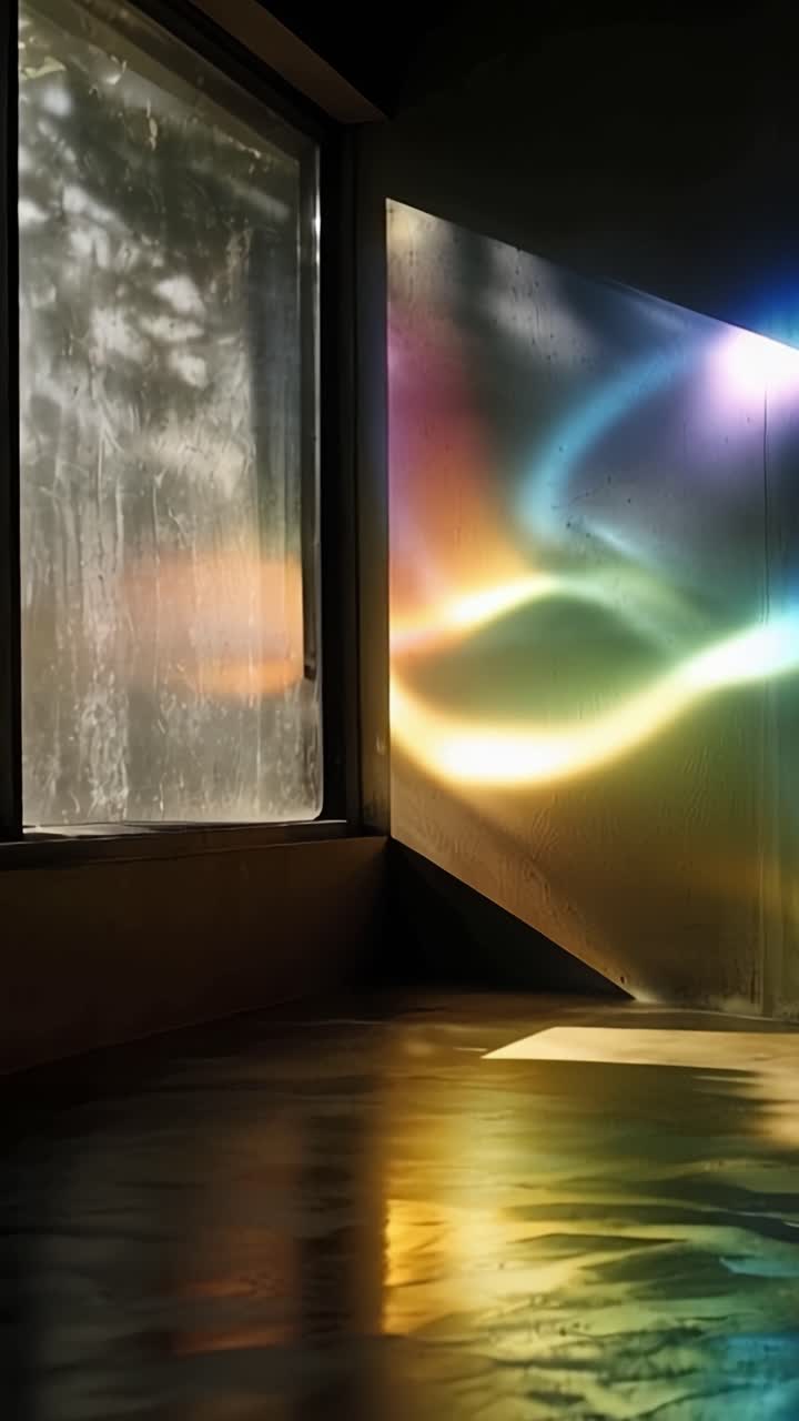Captivating Reflections: The Play of Light and Color in a Dimly Lit Room, Showcasing Beautiful Gradients and Textures from Sunlight Through Window Panes