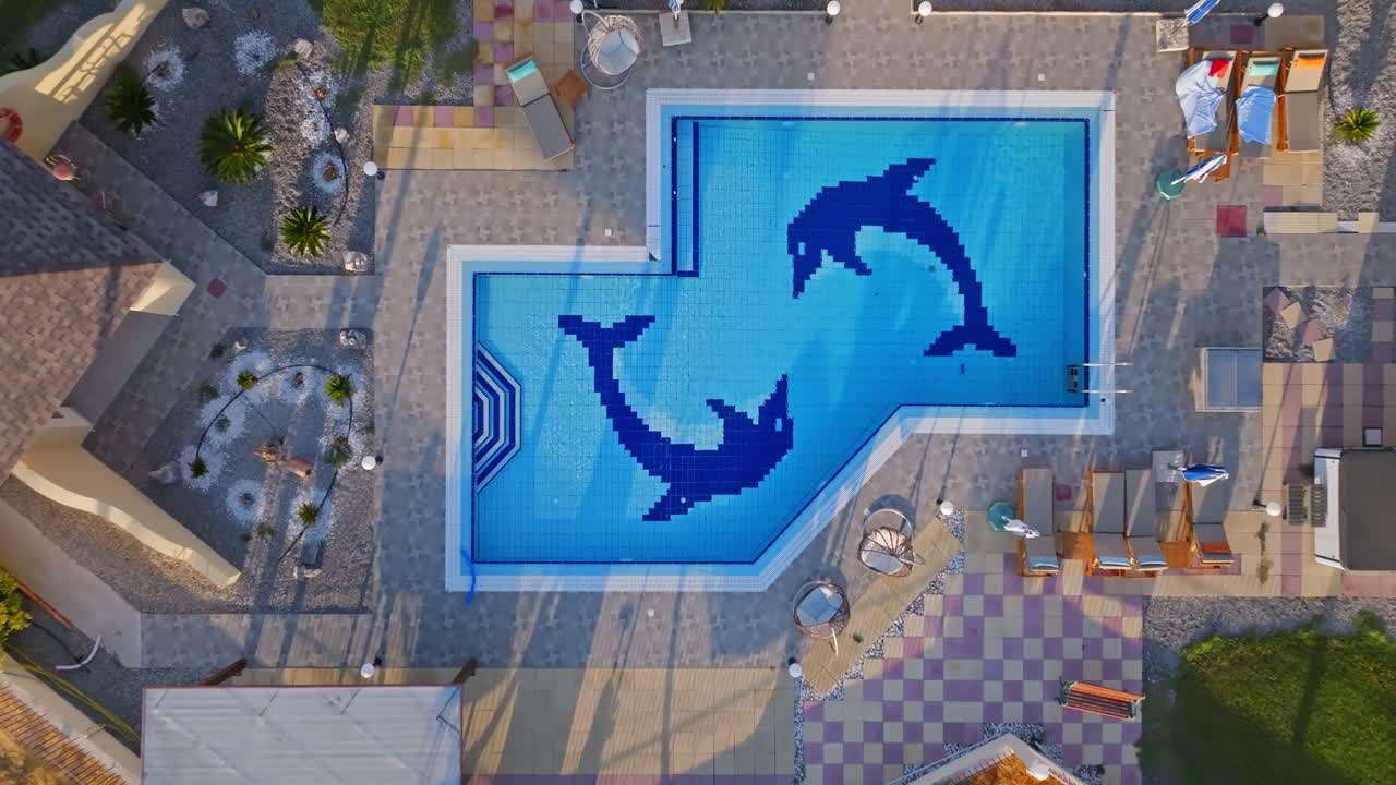 Top down drone shot descending above a pool with dolphins, at a villa, sunrise