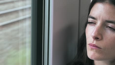 close-up of young beautiful woman looking out of train window