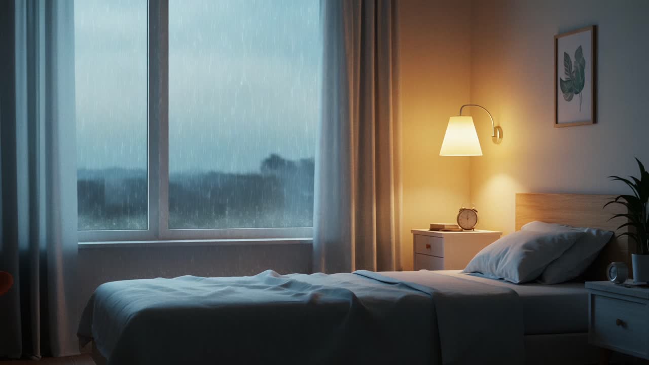 Serene Bedroom Scene with Soft Lighting and Rainy Window View, Invoking a Cozy Atmosphere Perfect for Relaxation or Reflection