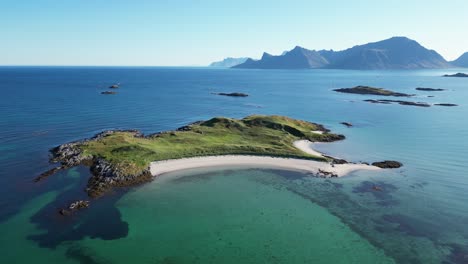 Desert-Island-with-white-Sandy-Beaches-during-Summer-in-Lofoten-Islands,-Norway---4k-Aerial