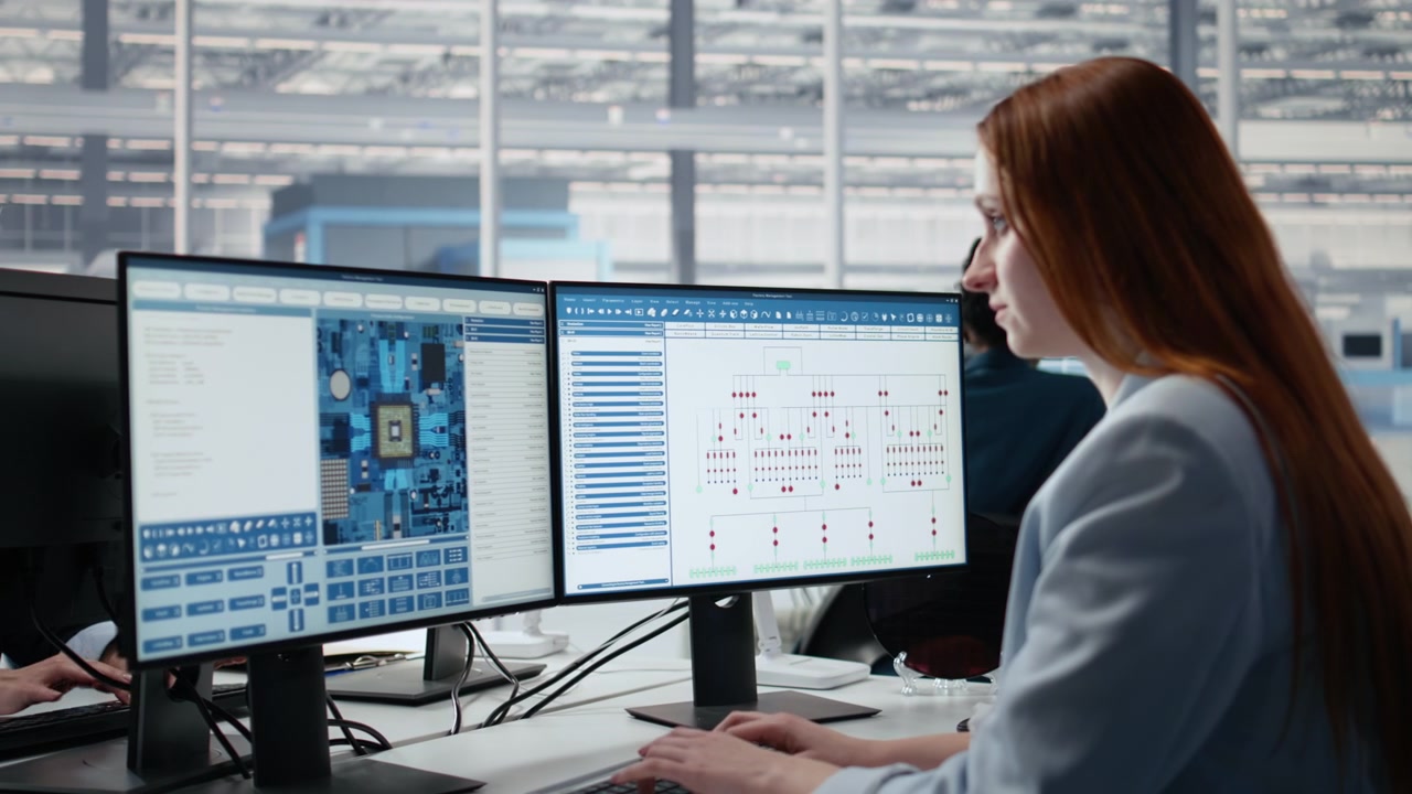 Ingegnera che lavora su due monitor con dati tecnici