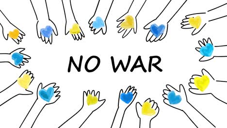 hands and yellow and blue hearts no war loop animation