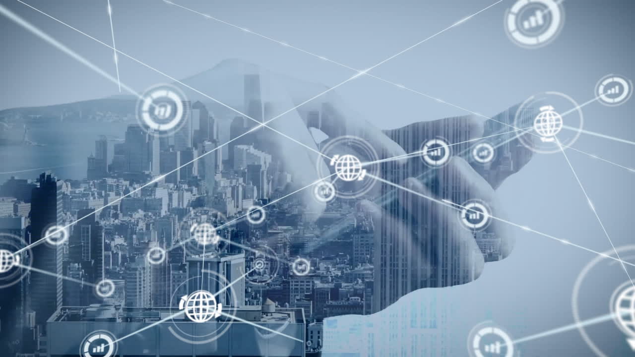 manos que interactúan con la red de conexiones animación sobre el paisaje urbano