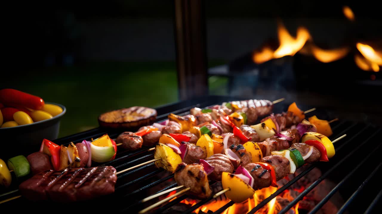 Close-up angle of a sizzling barbecue grill with skewers and steaks, capturing the vibrant colors