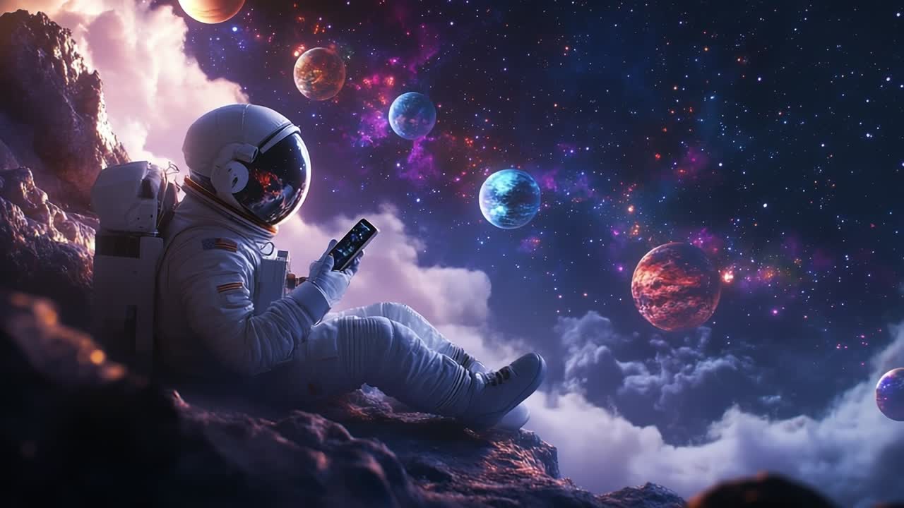Astronaut using phone in outer space