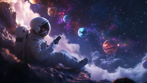 astronaut using phone in outer space