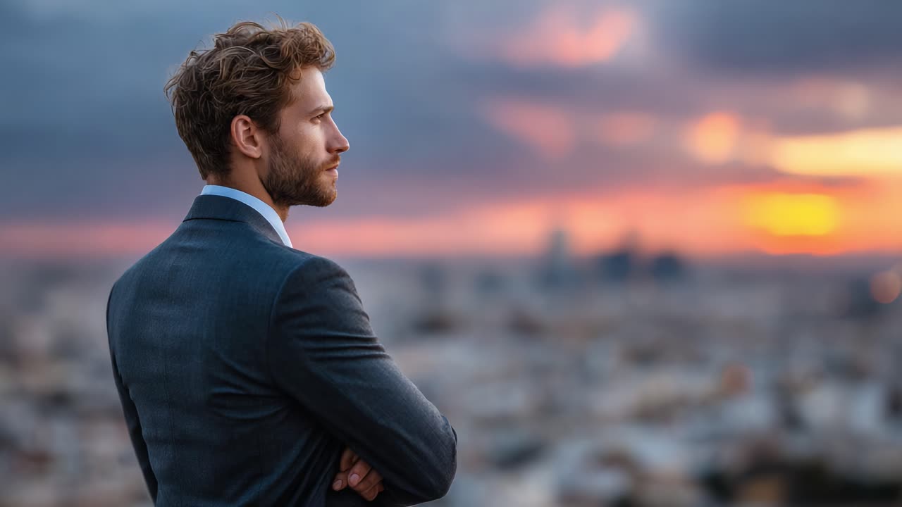 A Thoughtful Reflection: A Well-Dressed Man Gazes at the Sunset Over the City, Capturing a Moment of Contemplation and Beauty in an Urban Landscape