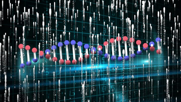 Animation of dna strand and data processing over blue shapes on black background