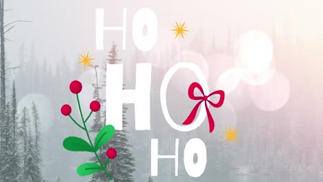 animation of ho ho ho text over fir trees