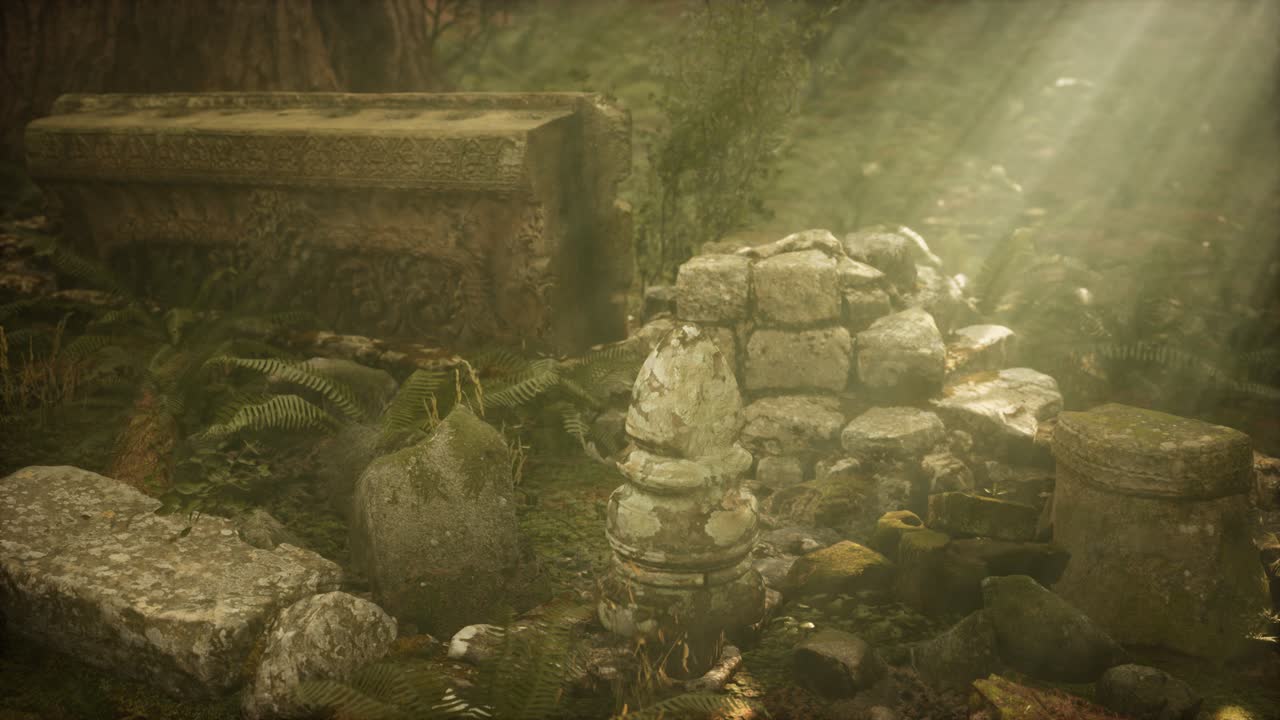 松の森の中の古代都市の灰色の廃墟