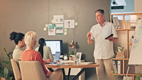 businessman, tablet and coaching in team meeting