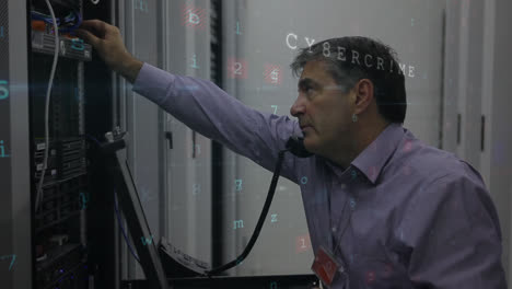 compuesto digital de un hombre haciendo mantenimiento en una sala de servidores