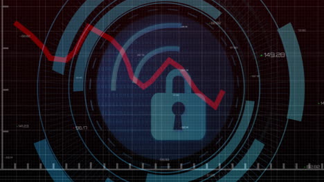 animation of digital data processing over padlock icon on black background