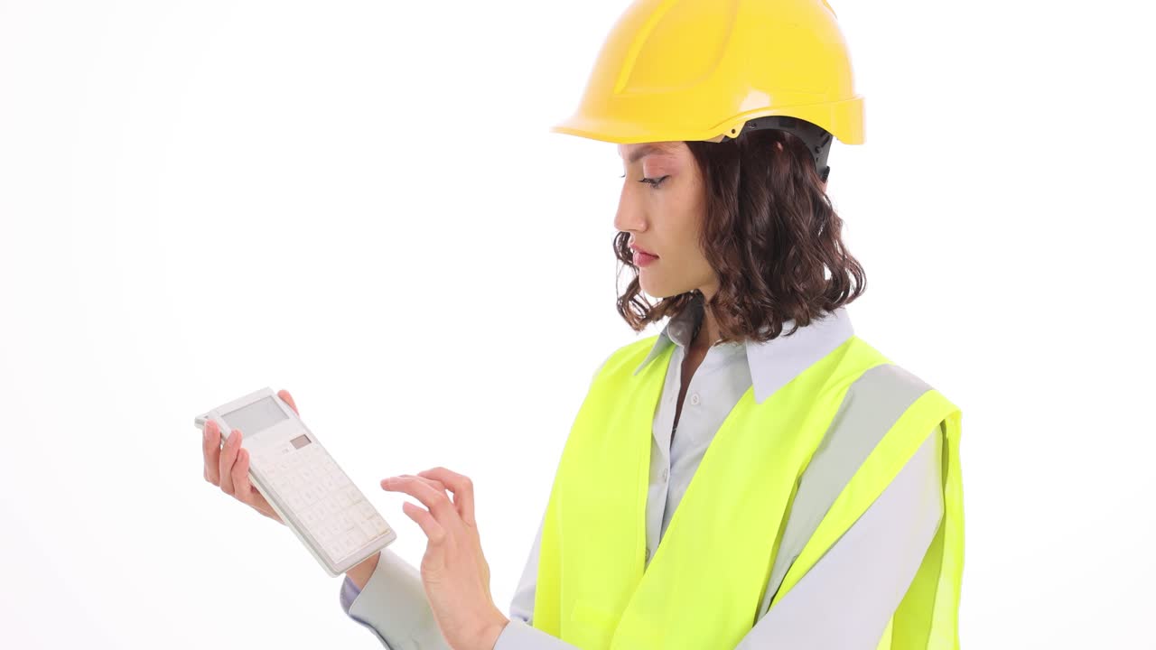 Woman Engineer in Hard Hat and Safety Vest Using Calculator