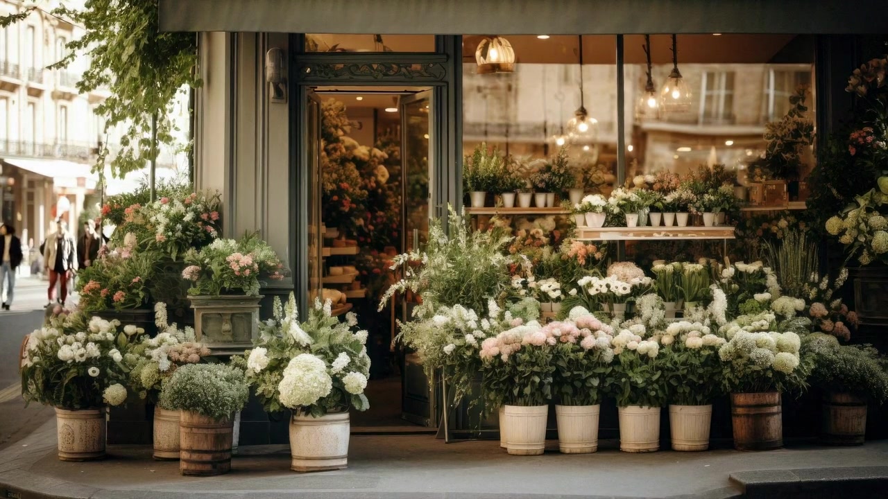 Esterno affascinante di un negozio di fiori su una strada parigina