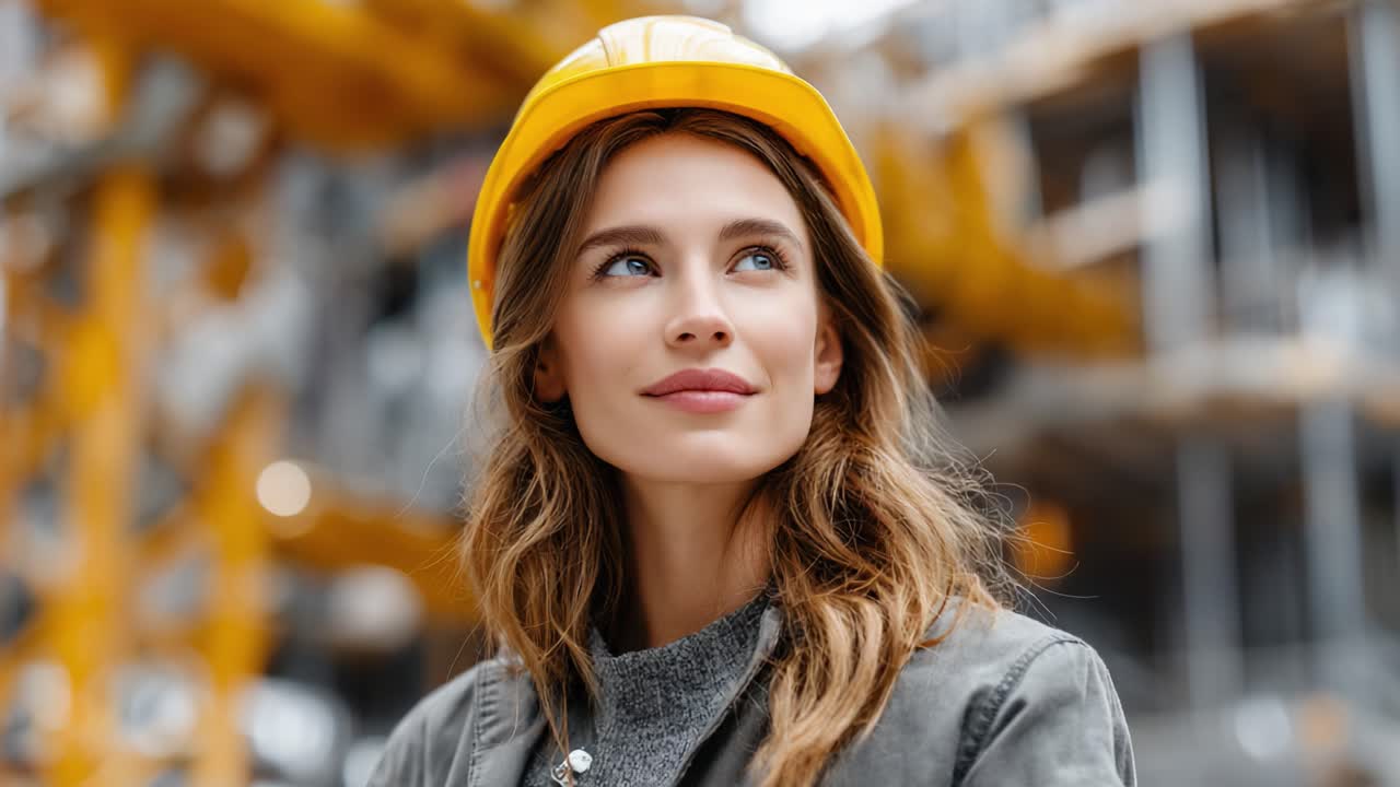 A confident female construction worker wearing a hard hat gazes toward the future, symbolizing strength and determination in the building industry amidst a bustling construction site