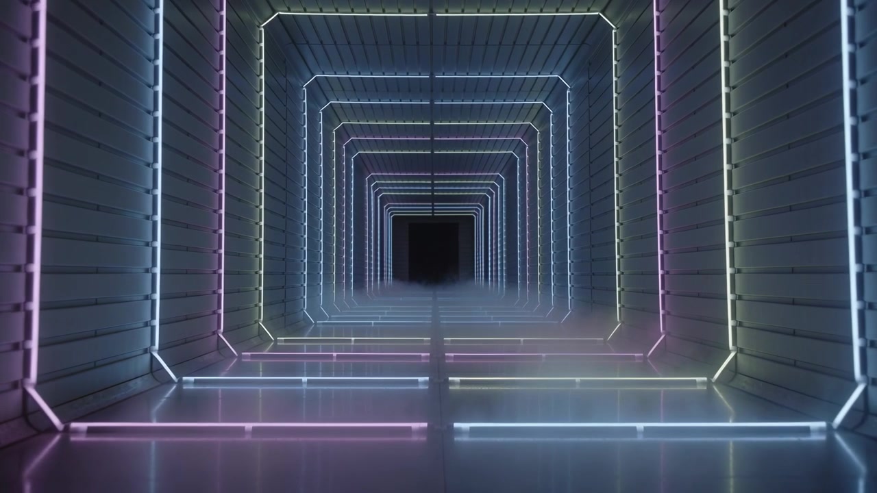 Drifting low-fog starting at far end from fog machine, neon tunnel frames reflecting on shiny floor