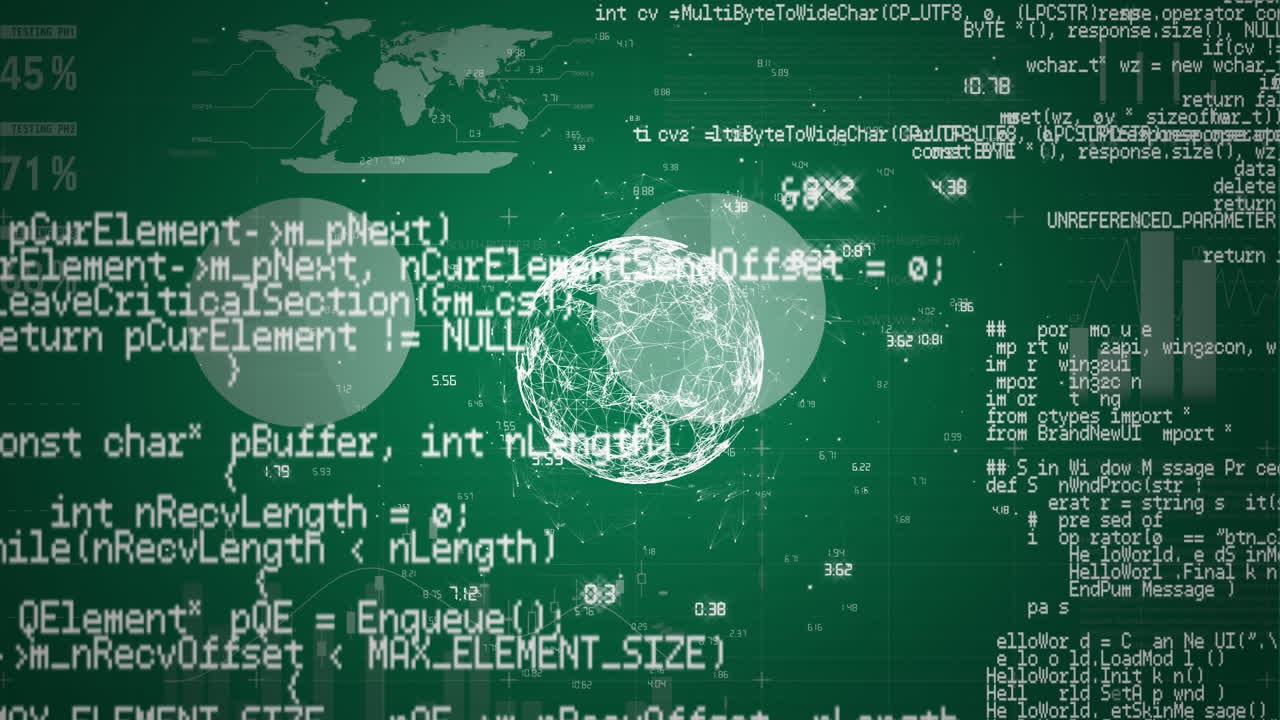 데이터 스크롤, 글로브 회전 및 녹색 배경의 차트