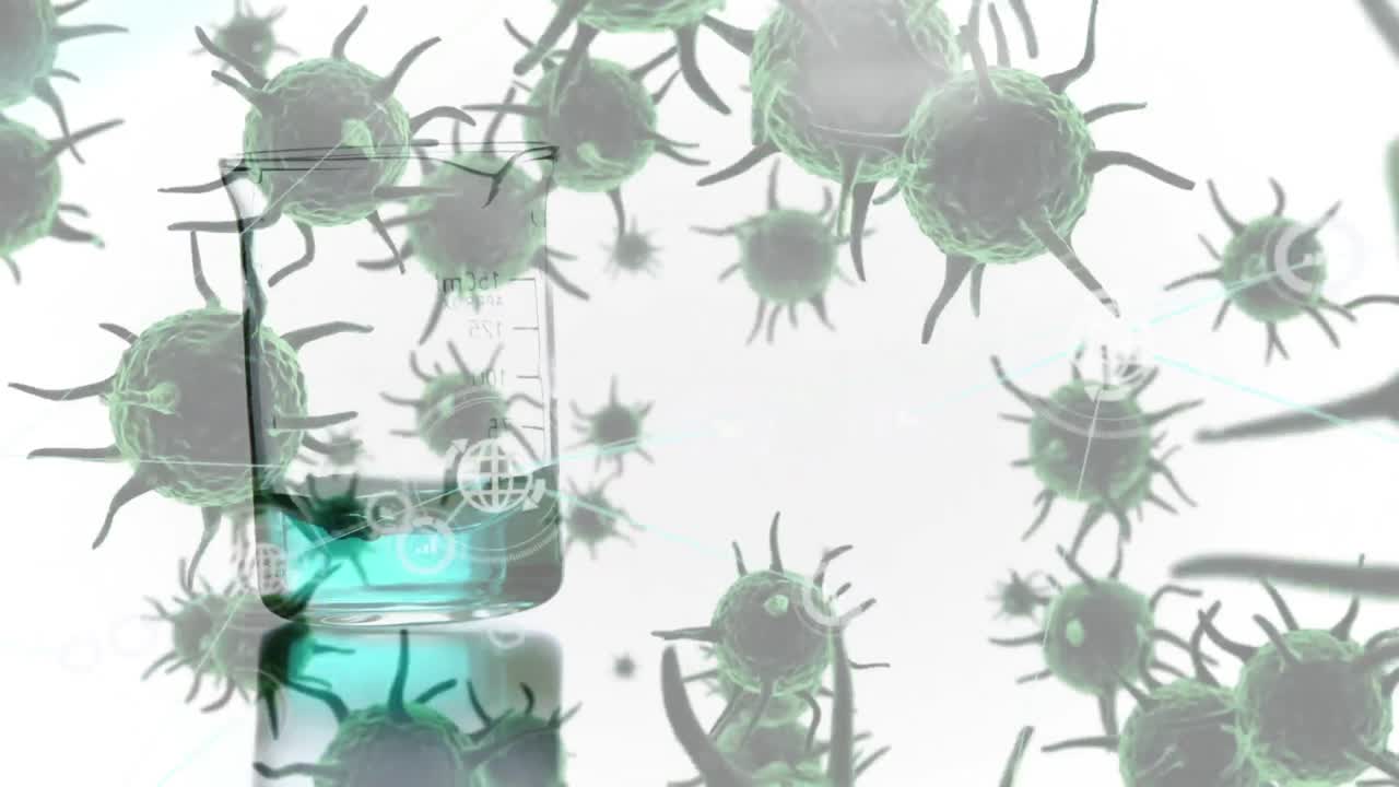 디지털 아이콘과 코로나19 세포의 네트워크가  ⁇  배경에 있는 잔에 있는 화학물질 위에 있습니다.