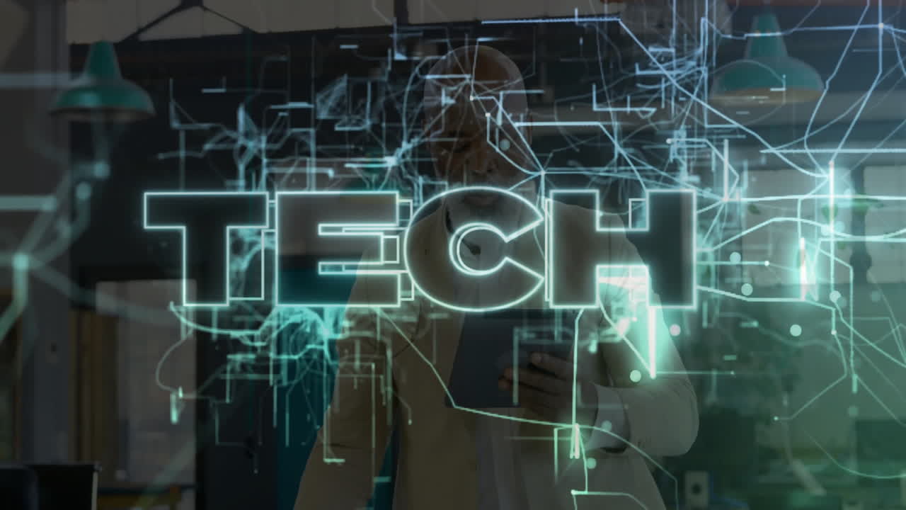 Man using tablet in tech lab, interacting with holographic circuit overlay and glowing TECH text