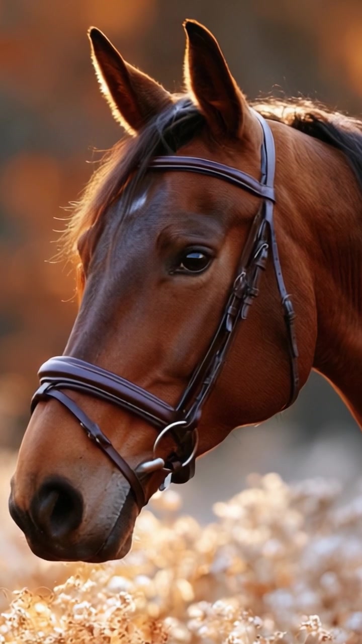 Un maestoso cavallo marrone catturato in una splendida illuminazione calda, che mostra la sua grazia e forza in un sereno ambiente naturale avvolto da tenui colori di sfondo.