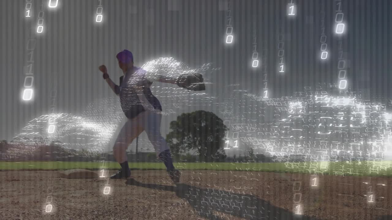 Giocatore di baseball adolescente che reagisce a una palla a terra, la raccoglie e la lancia in prima base con una sovrapposizione che si sposta sul giocatore