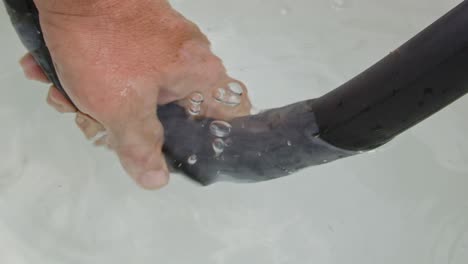 air bubbles rising from a punctured bicycle tire in a bucket of water