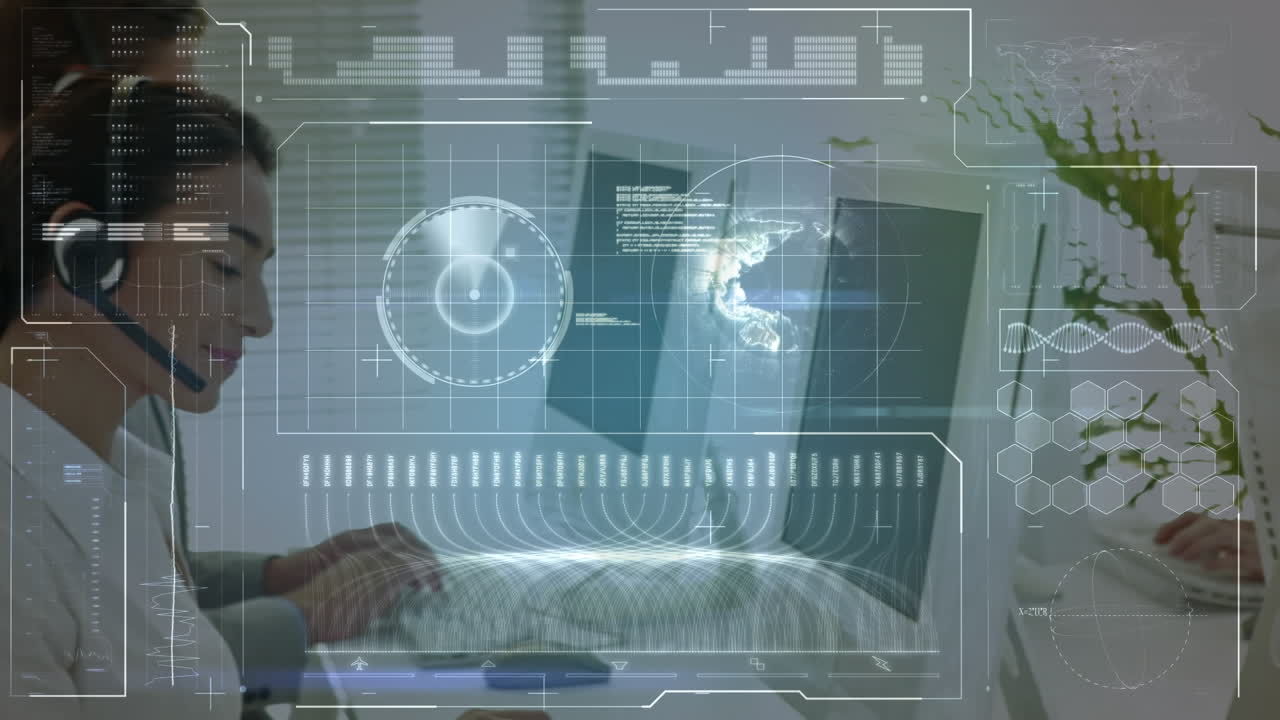 animación del procesamiento de datos financieros sobre personas de negocios que trabajan en la oficina