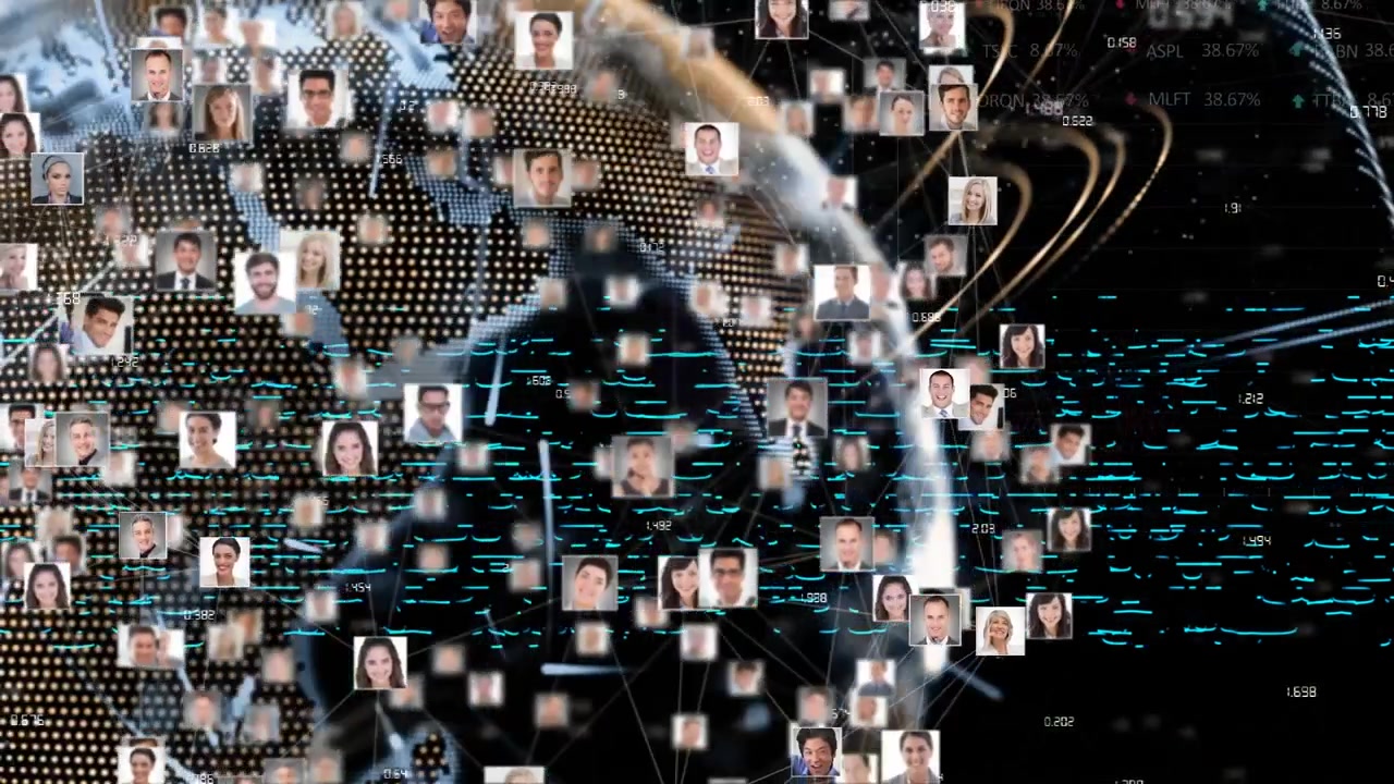 Animation of people icons and globe over data processing
