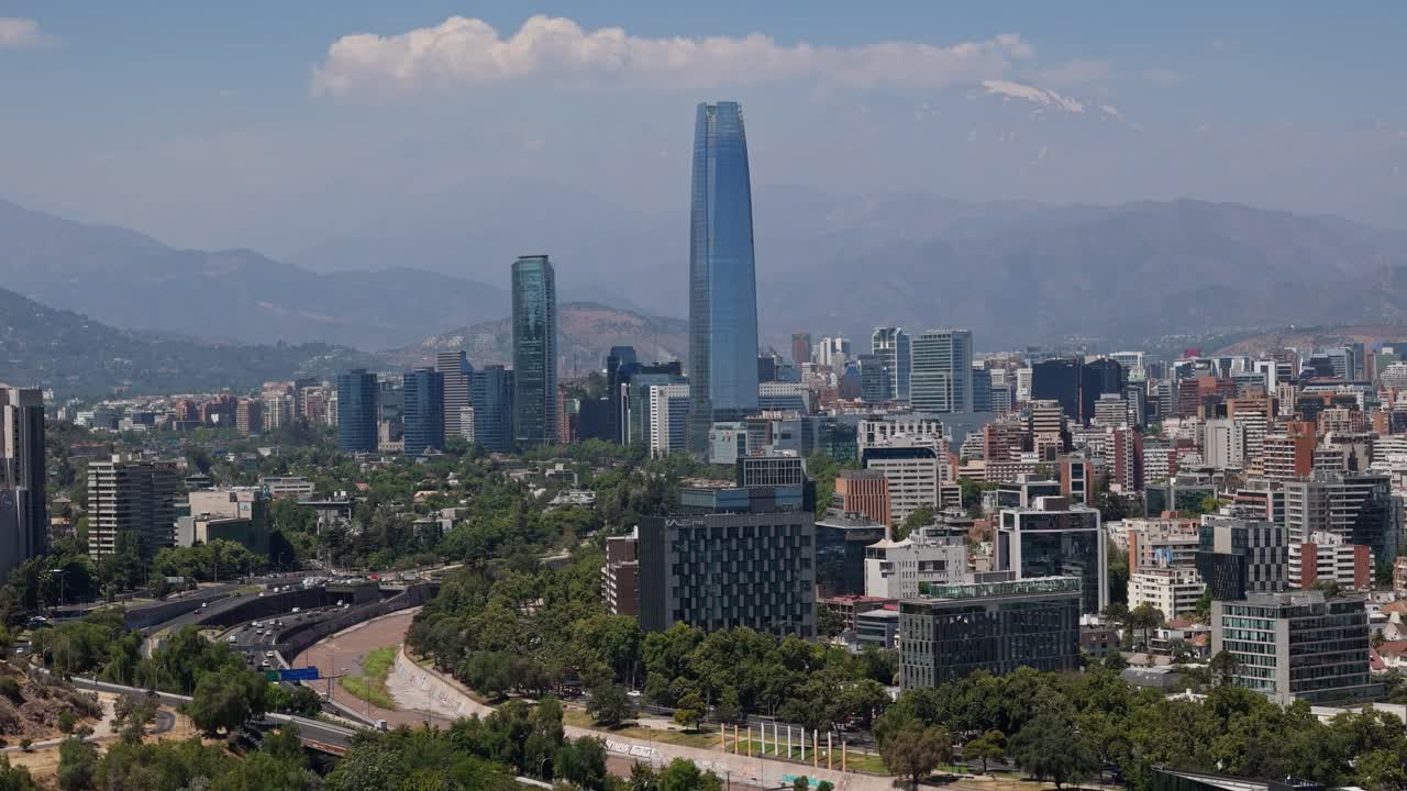 Aerial view of Sanhattan, Santiago Financial district, telephoto drone view sunny day